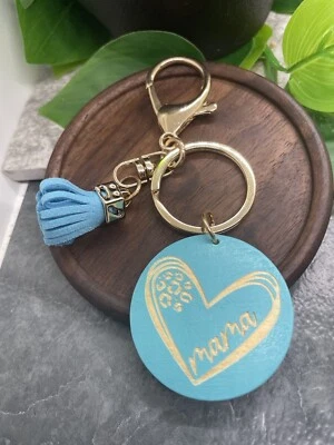 4" Gold-Tone Leather Tassel MAMA Wood Pendant Keychain New Free Ship A3161