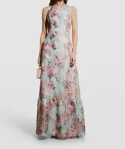 $597 Aidan Mattox Women's Blue Metallic Floral Jacquard Gown Dress Size 14