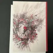 Vtg Christmas Card Artistic Red Cardinal Bird Big Nest Holly Berries Winter
