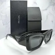 New PRADA Sunglasses Black Acetate Cat Eye Front PRADA Logo Plaque Side Logo