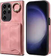 HUOLUNGJIN Compatible with Samsung Galaxy S23 Ultra Wallet Phone Case Leather Protective Case with Card Slot and Metal Ring Kickstand Magnetic Clasp Shockproof Anti Drop Protective Cover (Rose Gold)