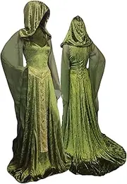 YANVS Women's Medieval Lace-up Vintage Hooded Cloak Robe Adult Costume Retro Cosplay Long Dress Halloween Party Costume