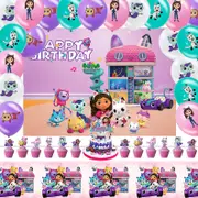Gabby's Cat Theme Party Decorating Set - Birthday Backdrop Banner Latex Balloons Birthday Cake Cupcake Toppers Tablecloth