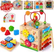 Wooden Activity Cube Baby Toys, 8-In-1 Montessori Educational Toy Set, Bead Maze