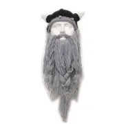 Funny Crazy Halloween Cosplay Men Knit Viking Beard Horn Hat Ski Mask Cap Barbarian Vagabond Cool Beanie Winter Warm Unisex Hat light gray_L��58-60cm��