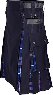 [ASU KILTS] Men's Plus Size Scottish Hybrid Black Cotton & Tartan Utility Kilts with Leather Straps Kilts for Men