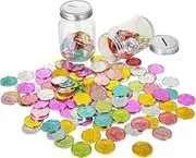 200 Pieces Incentive Coins Bulk Colorful Plastic Tokens I was Caught Being Good Coins with 2 Glass Jar and 2 Silver Slotted Lids for Kids Play Reward School Classroom Teacher Learning Incentives