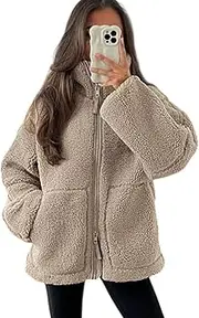 [Generic] Women's Lamb Wool Pocket Oversized Warm Coat Long Sleeve Zipper Stand Collar Jacket with Pockets