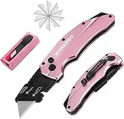 WORKPRO Professional Folding Cutter, Utility Cutter with Quick Change Mechanism & Button Lock, Pink Cutter with 10 Extra SK5 Blades, Ideal for Cutting