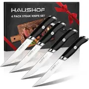 HAUSHOF Steak Knives Set of 4, German Stainless Steel Premium Serrated Steak Knife Set with Gift Box, Full Tang Design with Ergonomic Handle, Gifts Knife Set for Dad, Mom, Husband and Wife