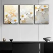 3pcs White Blossoms with Golden Nature Perfect Wall Art Canvas Framed 50x70cm
