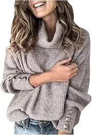 [Generic] 4X Sweaters Women Pullover Loose Women Sleeve Button Knitted Turtleneck Sweater Trendy Coats