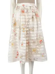 Floral Print Stripe Mesh Midi Skirt