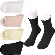[KALIONE] 4 Pairs Women's Ruffle Socks, Cute Cotton Ruffle Socks, 4 Colors Ankle Socks for Women, Breathable Frilly Socks Crew Socks for Women Girls, Size 5-9, Black, White, Milky White, Khaki, 5-9