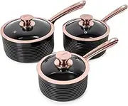 Tower T800001RB Linear Non Stick Induction Saucepans Sets with Lids, Easy Clean, Black and Rose Gold, 3 Piece Set, 16/18/20 cm