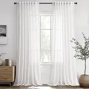 Pure White Linen Curtains 108 inches Long 2 Panel Set for Living Room Back Tab Light Filtering Semi Sheer Flax Linen Textured Extra Long Ceiling to Floor Window Drapes For Large Window Hallway Office