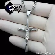 16"-36"MEN Stainless Steel 3mm Silver Cuban Curb Chain JESUS Cross Pendant*P116
