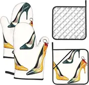 4 pcs Oven Mitts and Pot Holders Set 500°F Heat Resistant Oven Gloves and Hot Pads Kitchen Mittens High Heel Shoes Cooking Gloves Potholders for Baking Grilling