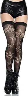 [Music Legs] Lace Top Mini Diamond Net Leaf Pattern Thigh Hi, Black, Black, One Size