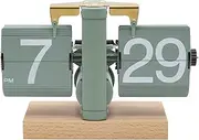Itigoitie Beech Wood Base Flip Down Clock,Retro Digital Flip Desk Clock,Vintage Auto Flip Clock,Mechanical Clock,Battery Operated Digital Display,Home And Office Decorations(No Battery Included)-Green