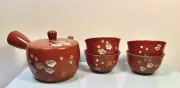 Orange Stoneware Teapot w 4 Cups Strainer Hand Painted White Cherry Blossoms NIB