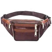 Bum Bag Genuine Leather Fanny Pack Zip Pouch Unisex Waist Belt Wallet-Brown