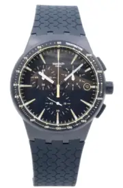 New Swiss Swatch Originals MEINE SPUR Navy Silicone Chrono Watch 42mm SUSN407