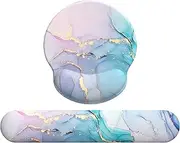 Giecy Mouse Pad Wrist Support, Ergonomic Memory Foam Keyboard Wrist Pad & Gel Mouse Wrist Rest Set for Computer Keyboard for Easy Typing & Pain Relief for Office Home (Pink Blue Marble Set)