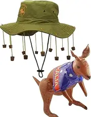 Adult Australian Hat with Corks & 70cm Inflatable Kangaroo Set Fancy Dress Accessories Kit Premium Quality Green-Brown, Green-Brown, One size