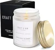 Craft & Kin Patchouli & Amber Scented Candle | 8 Oz 45 Hour Long Lasting | Classic Soy Spring Scented Candles Wood Wick | Made with Natural Soy | Gifts for Men and Women