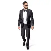 Shawl Lapel Velvet Tuxedo Black 1 Button Suit Black Pants Flat Front Fitted AZAR