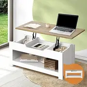 Oikiture Coffee Tables Lift Up Top Wooden Convertible Hidden Book Storage Living Lounge Room Furniture Shelf Display,White and Natural Wood