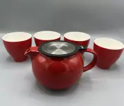 Crate & Barrel FORLIFE Red Tea Infuser Teapot Set with 4 Cups In MINT Condition