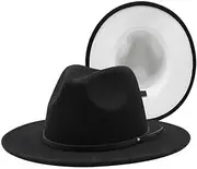 [VANTOBEST] Two Tone Wide Brim Fedora Hat Felt Panama Hat Dress Hat Church Derby Hat with Belt Buckle for Men and Women (Black-White), Black, 1, Black, 1