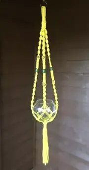 New Handmade Yellow Macrame Plant /Terrarium Hanger With Wood And Ceramic Beads