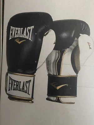 Everlast Powerlock 14oz Hook and Loop Training Boxing Gloves Black/White/Gold