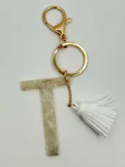 Key Chain Gold tone Acrylic Letter T Tassel