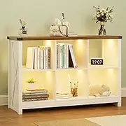 Dystler Bookcase Bookshelves - Farmhouse White Bookcase with Led Lights, 6 Cube Kids Book Cases with Open Shelf, Wood Bookshelf for TV Stand, Bedroom, Living Room