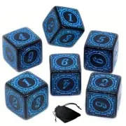 Set (6) 16mm 6-Sided D6 Black Dice Blue Numbered 1-6 + Storage Pouch