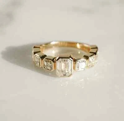 Emerald & Asscher Cut Moissanite Full Bezel Setting Band 14K Gold Wedding Ring