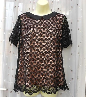 GOK WAN STUNNING BLACK LOVELY LACE TOP / BLOUSE PETER PAN COLLAR BNWT SZ 8 - 12
