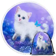 Purplish Garden White Kitten and Butterfly Round Beach Towel