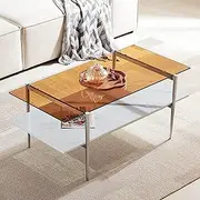AGV LIGHTING 202206 Tadio Glass Coffee Table, Double Layer Coffee Table for Living Space, Amber Glass Top & White Marble Wood Top & Chrome Frame