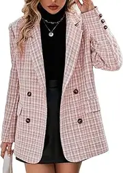 [Mina Self] Plaid Tweed Blazer for Women Double Breasted Open Front Casual Work Office Jacket with Pocket (S-XXL)
