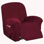 Velvet Recliner Covers Stretch Reclining Couch Cover Super Soft Recliner Slipcover Non-Slip Washable Recliner Sofa Cover Furniture Protector with Side Pocket for Living Room (Color : Wine-red)