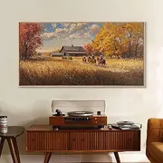 Horseback Riders In Autumn Near Barn Rustic Fall Wall Art Cozy Farmhouse Decor Framed Print Harvest Time Country Art