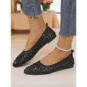 Women's Black Sequin Pointed Toe Ballet Flats - Elegant Slip-On Party Shoes for Comfortable Walking, Ideal for Weddings, Evening Events, and Holiday Outfits