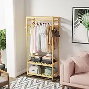 [BORWART] Portable Bamboo Closet Clothes Organizer: Heavy Duty Wardrobe Coat Stand - Wood Garment Rack with Wooden Hanging Rod with 3 Tier Storage Shelves Rolling Wheels for Bedroom