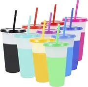 10Pcs Color Changing Cups Food Grade Plastic Tumbler with Straw & Lid, 710ml Large Capacity Cold Drinking Cup Safe Fashion Water Bottle for Party Beverage Iced Coffee