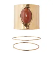 Rigid Band Bracelet With Semi-Precious Brick-Colored Hard Stone Cabouchon One size golden